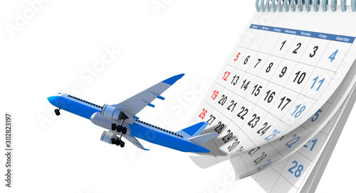airplane flight schedule , travel planning on a calendar background - 3d rendering