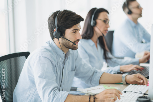 Service Team Concept. Operator or Contact Center Sale in Office, Information People Call Center, Quality Professional Team Sales Support Office. Environment Workplace Representative Company. 