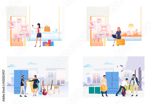 Set of images with people buying things in market. Vector illustrations. Shopping, customer, clothes. Flea market concept for banner, website design or landing web page