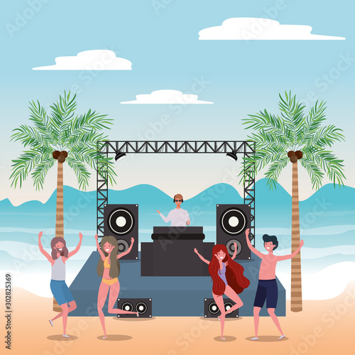 Boy and girl with swimwear dancing on the beach design