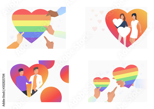 Set of homosexual couples dating. Flat vector illustrations of homosexuals with rainbow hearts. LGBT concept for banner, website design, landing web page