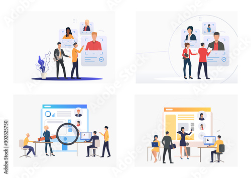 Set of HR managers searching for resources. Flat vector illustrations of managers hiring staff. Recruitment concept for banner, website design or landing web page