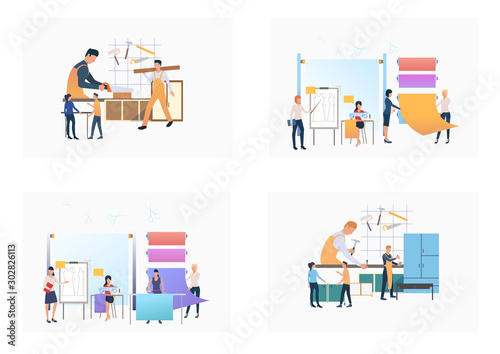 Set of people working in tailoring centre. Flat vector illustrations of dressmakers designing clothes. Dressmaking concept for banner, website design or landing web page