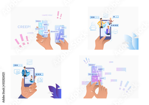 Set of people writing comments for service online. Flat vector illustrations of people commenting in mobiles, cursing, bulling. Evaluation concept for banner, website design or landing web page