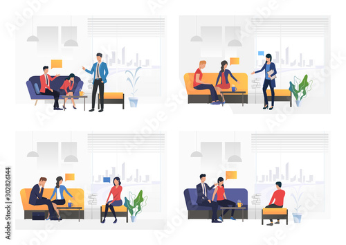Set of psychologists consulting couples. Flat vector illustrations of family psychotherapy. Family psychotherapy concept for banner, website design, landing web page