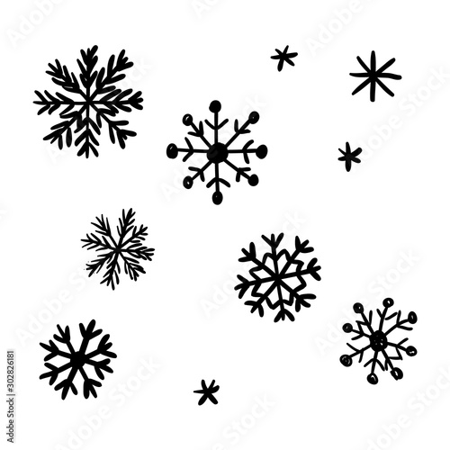 Set of snowflakes, winter holiday decoration. Vector sketch