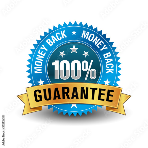 Powerful 100% money back guarantee blue badge with golden ribbon.
