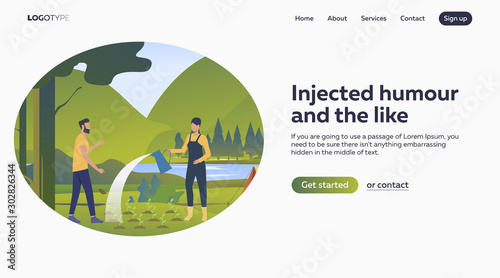 Man and woman camping and gardening at nature. Vector illustration. Planting, nature. Environment care concept for banner, website design or landing web page