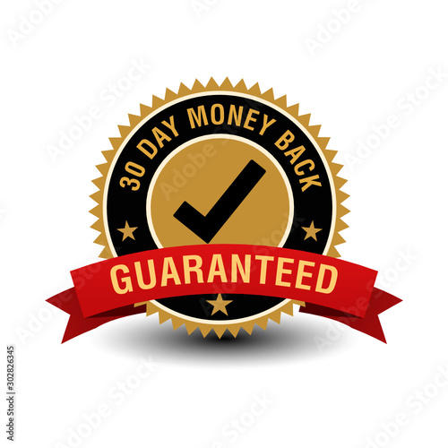 30 day money back guarantee gold badge with tick mark on.