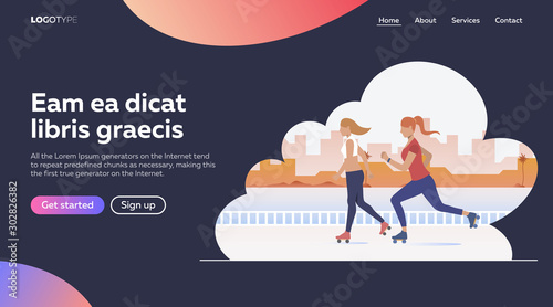 Modern vector illustration of rollerblading women. Weekend, entertainment. Leisure concept for banner, website design or landing web page