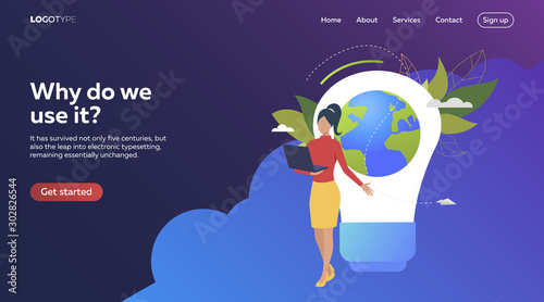 Vector illustration of woman presenting ecological innovations. Environment, development, protection. Ecology concept for banner, website design or landing web page