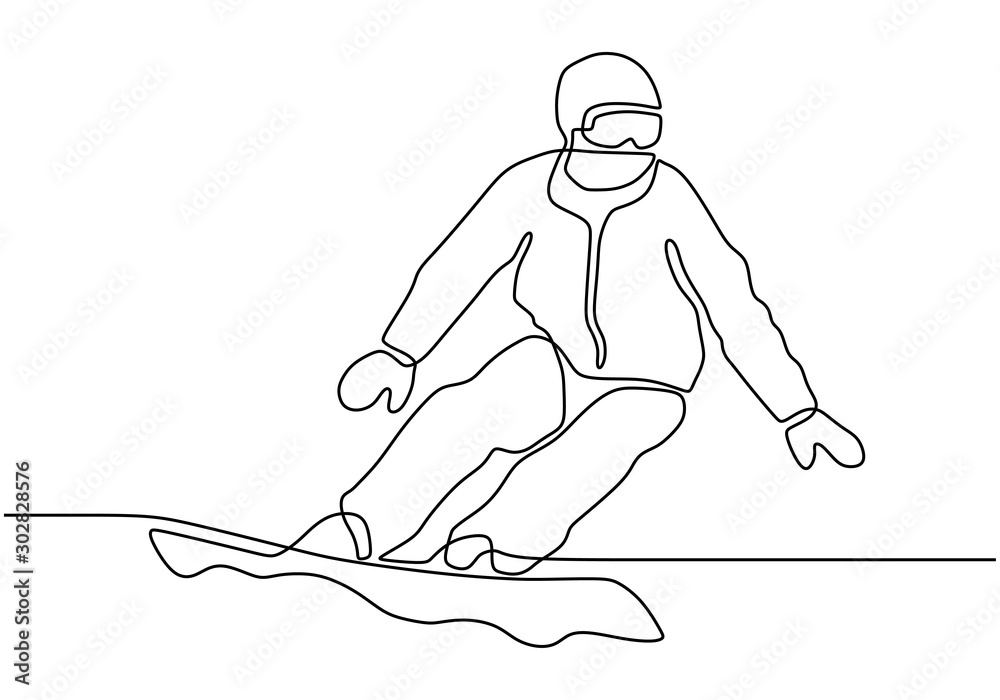 Snowboarding continuous line drawing. Person standing and jump on snowboard.  Winter sport minimalism and simplicity hand drawn sketch lineart design  vector illustration. Stock Vector | Adobe Stock
