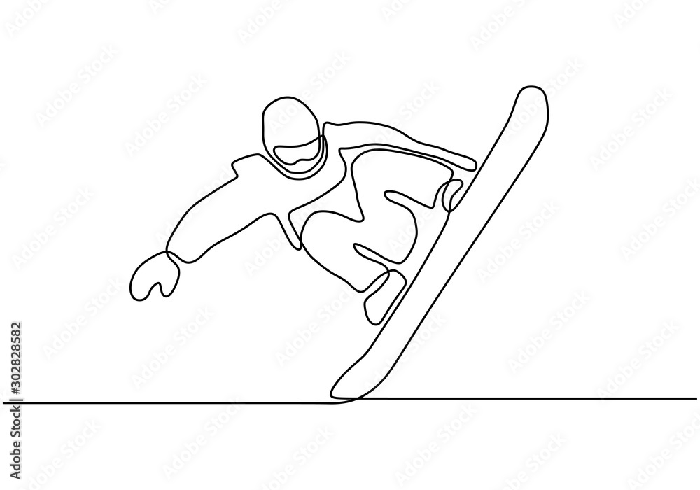 Continuous one drawing of winter sport of snowboarding. A man on snowboard jumping freestyle. Vector minimalism design. Vector | Adobe Stock