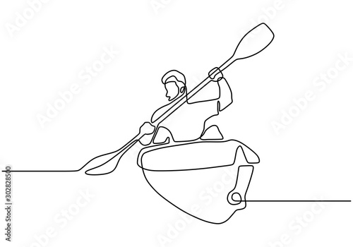 Continuous one line drawing of Canoe sport athlete minimalism design. Vector person on oar boat on the sea.