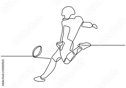 Continuous one line drawing of a man kick or shot a ball to make a goal while soccer sport game. Portrait of person with costume playing american football. Vector minimalism illustration simplicity.