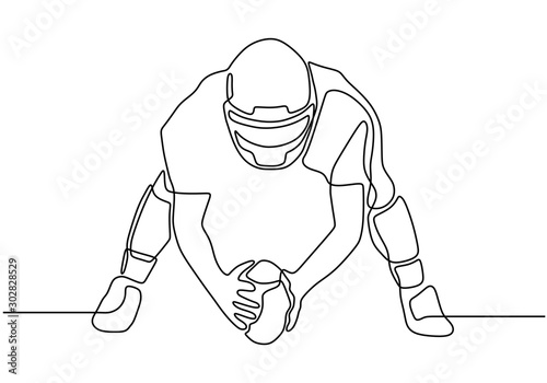 Continuous one line drawing of man holding a ball while playing american football game sport. Vector a person with costume and helmet.
