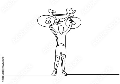 Continuous one line drawing of a man holding and raising a bicycle after winning the competition of biking game sport.