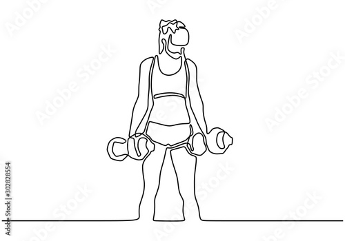 Continuous one line drawing of strong woman workout at gym, Concept of girl lifting barbells on sport healthy lifestyle.