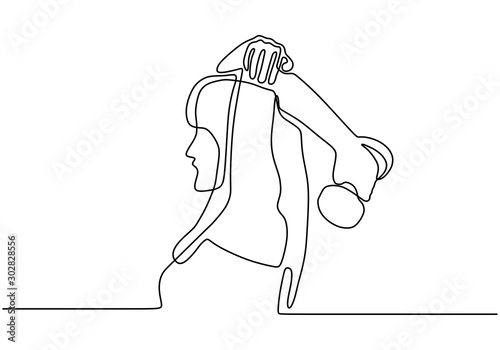 Concept of pretty cute girl lifting barbells with arm on sport healthy lifestyle. Continuous one line drawing of strong woman workout at gym,