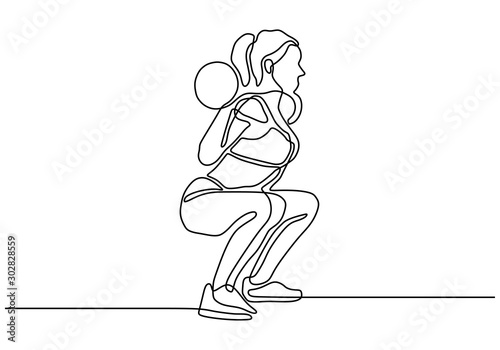 One line drawing of strong woman body builder at gym. Girl workout with lifting barbells during a weightlifting session at gymnasium.