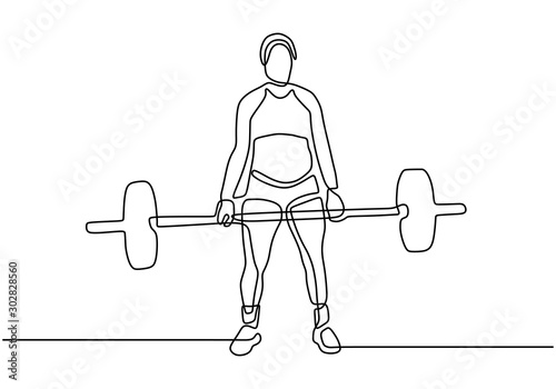 One continuous line drawing of strong woman body builder at gym. Girl workout with lifting barbells during a weightlifting session at gymnasium.