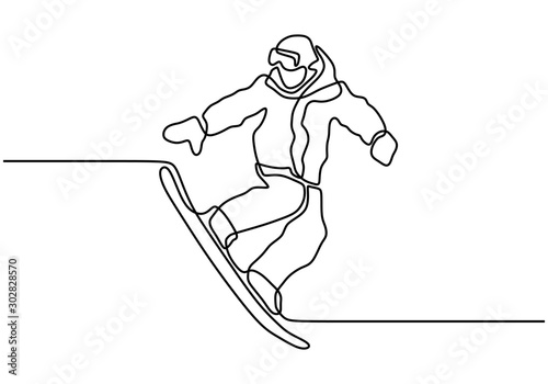 Continuous one line drawing of snowboarding vector illustration. Person doing winter sport.