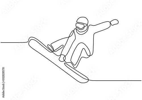 Continuous one line drawing of winter sport of snowboarding. A man on the snowboard jumping freestyle. Vector minimalism design.