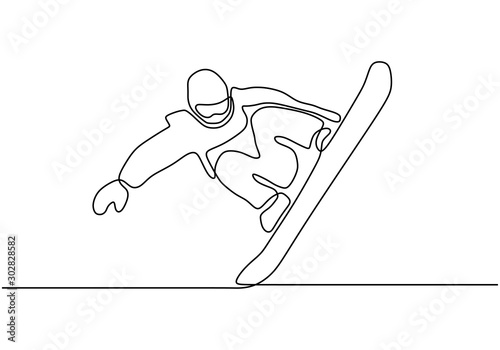 Continuous one line drawing of winter sport of snowboarding. A man on the snowboard jumping freestyle. Vector minimalism design.