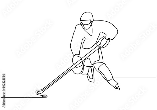 Ice hockey player one continuous line drawing minimalism vector illustration simplicity design. Winter sport theme.