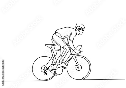 Continuous one line cyclist in helmet riding a bicycle. Minimalist design drawing of sportsman doing sport competition.