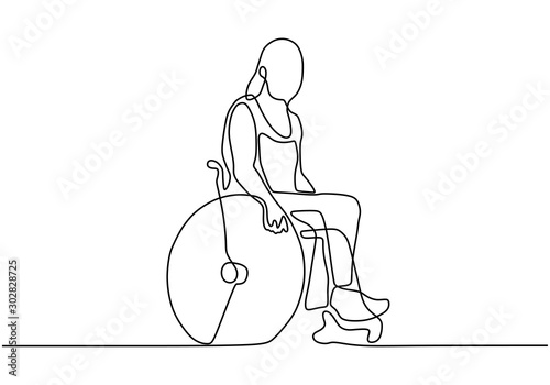Female person on wheelchair continuous line drawing. concept of disability person sitting.