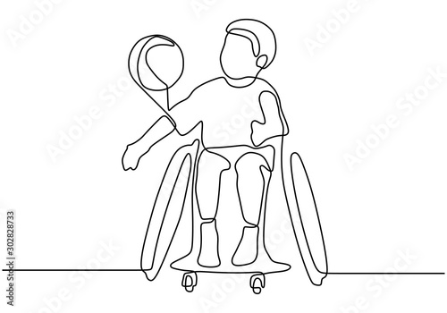 Child playing a ball sitting on wheelchair. Continuous one line drawing of disability kid.