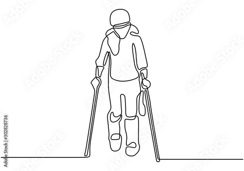 One continuous line drawing of a girl walking and using a pair wooden crutches and medical walking sticks for rehabilitation of broken leg