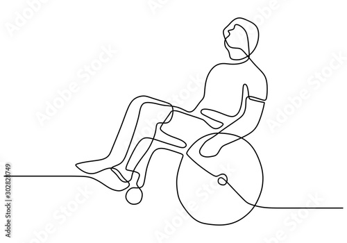 one line disability person on wheelchair. Vector people with injury and broken legs need medical help. Drawing of simplicity sketch a patient.