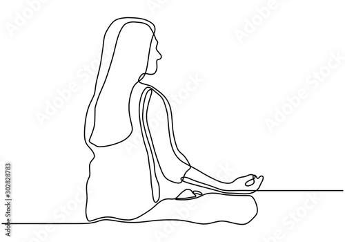Woman doing yoga exercise continuous one line vector illustration minimalism style. Girl relaxation simplicity design.