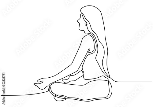 Yoga woman on meditation continuous one line drawing minimalism. Vector illustration of cute girl doing fitness wellness theme for healthy body, positive mind and soul.