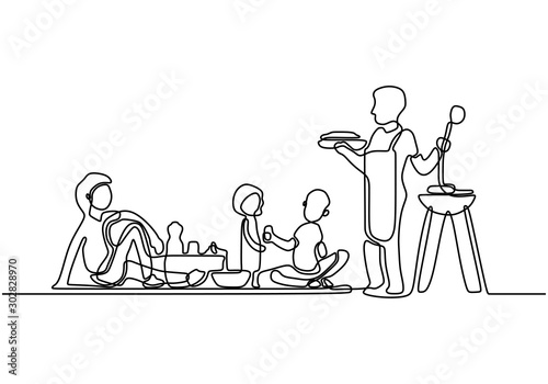 Happy family picnic one line continuous drawing. Vector couple with food, snacks and meals. People relaxation and refreshing sit on the garden.