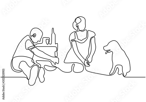 Happy family picnic one line continuous drawing. Vector couple with food, snacks and meals. People relaxation and refreshing sit on the garden.