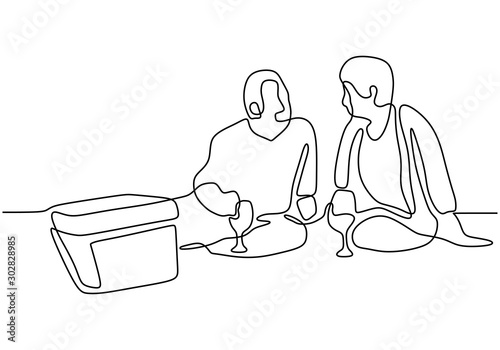 Happy family picnic one line continuous drawing. Vector couple with food, snacks and meals. People relaxation and refreshing sit on the garden.