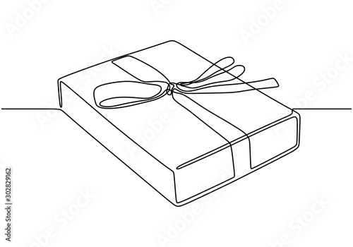 Gift one line drawing. Vector present box with ribbon minimalism vector illustration single continuous hand drawn sketch lineart.