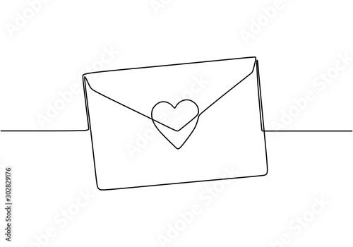 Continuous line drawing of Love letter with heart. Vector romantic mail for cards and invitation good for Valentine's day theme.