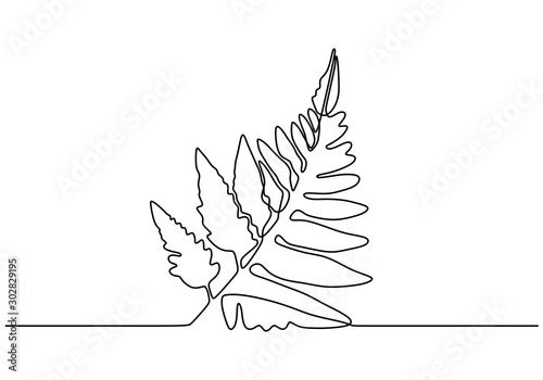 Fern leaves one line drawing. Continuous hand drawn sketch of plant botanical garden minimalism style.