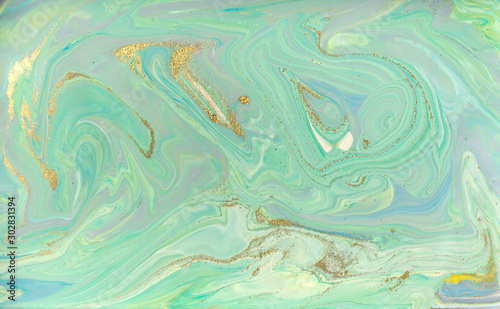 Green and gold ripple agate pattern. Ocean style beautiful background.