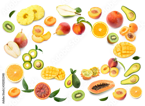 Composition with many different fruits on white background