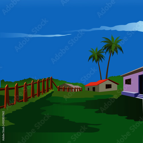 Beautiful Village Scenery Background - Vector Image