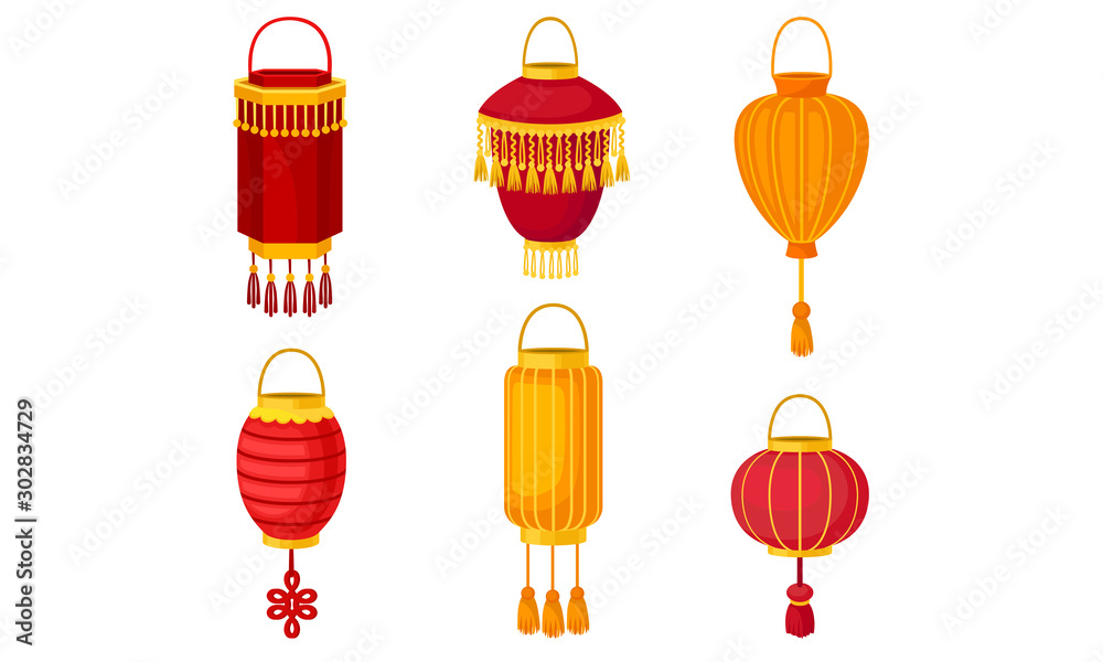 Naklejka premium Set of chinese lanterns. Vector illustration on a white background.