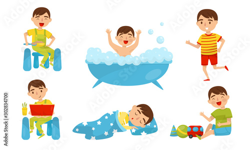 Boys day routine. Vector illustration on a white background.