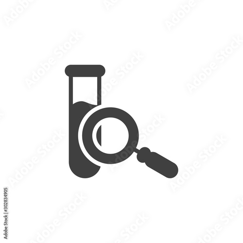 Test tube and magnifying glass vector icon. filled flat sign for mobile concept and web design. Chemical analysis glassware glyph icon. Symbol, logo illustration. Vector graphics