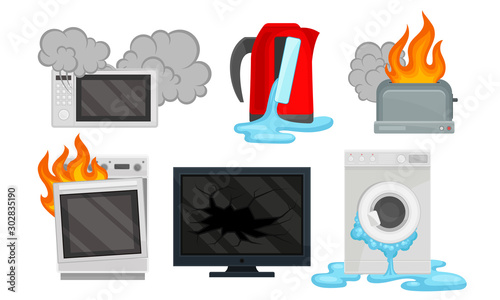 Set of broken equipment. Vector illustration on a white background.