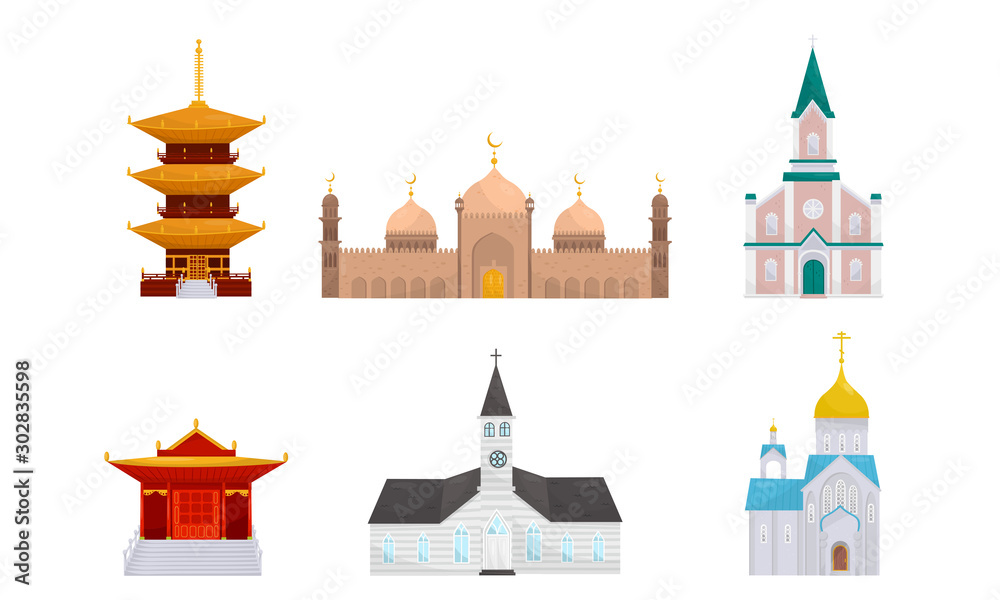 Traditional buildings of different religions. Vector illustration.